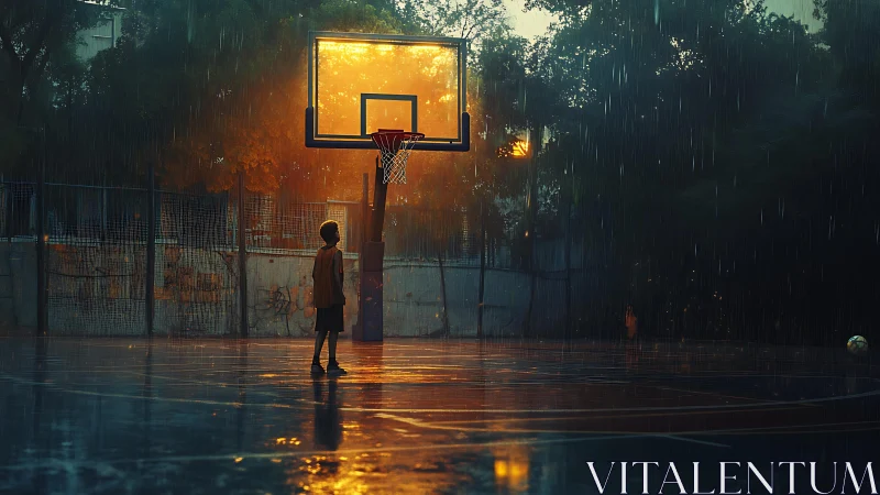 Solitary youth on rain-soaked court under glowing hoop.