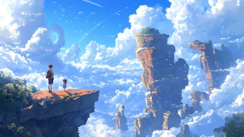 Children gaze toward floating sky islands in bright clouds.