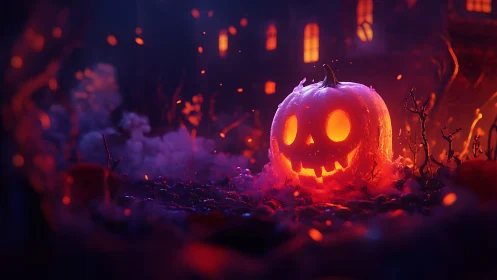 Glowing jack o lantern on ground before illuminated house.