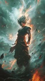 Storm-lit warrior rises in swirling fire, power and resolve