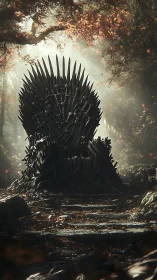Sword-forged throne in misted forest clearing, digital painting.