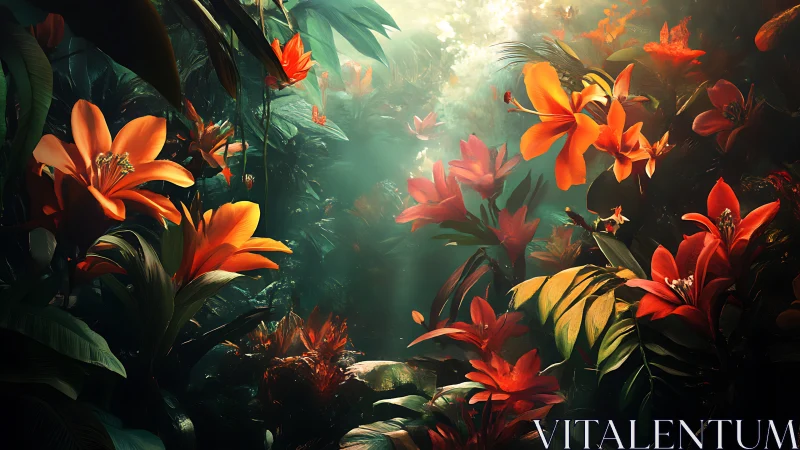 Tropical Lily Garden: Golden Sunlight Through Lush Foliage.