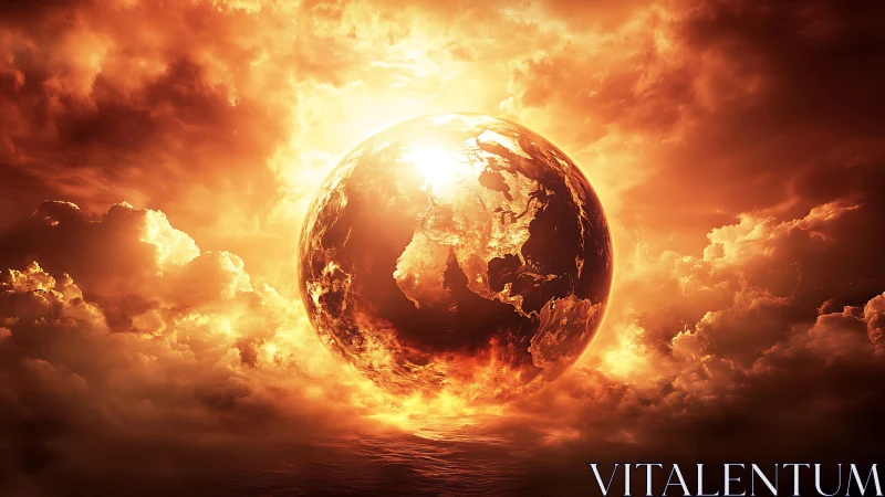 Glowing terrestrial sphere is rendered amid dense luminous clouds