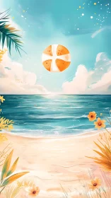 Surreal tropical shoreline with levitating segmented citrus sun