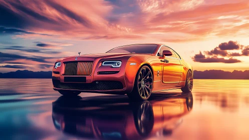 Luxury orange coupe on reflective sunset shoreline.