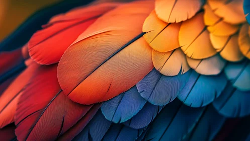 Macro study of vibrant parrot plumage in saturated gradient.