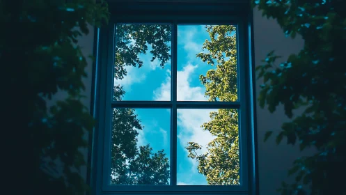 Bright blue sky and leafy tree branches through a modern window.
