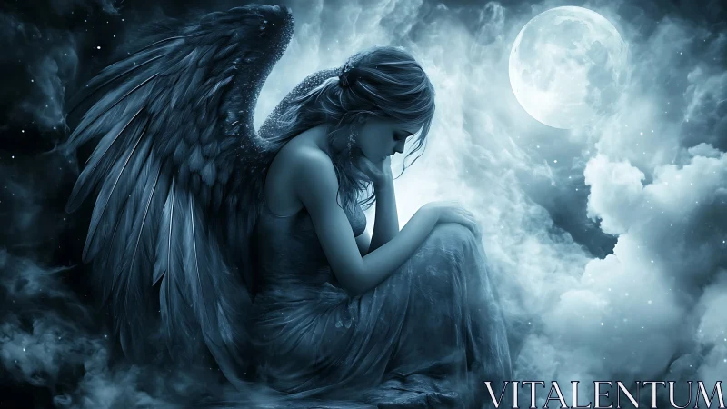 Melancholic moonlit angel resting within ethereal clouds.