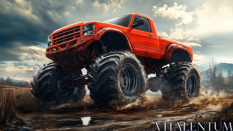 Towering red monster truck tearing through muddy wetland trail.