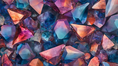 Multicolored faceted crystal cluster in close-up view.