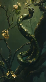 Serpentine arboreal predator coiled amid florid forest canopy.