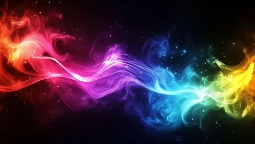 Flowing multicolor light waves on dark abstract background.
