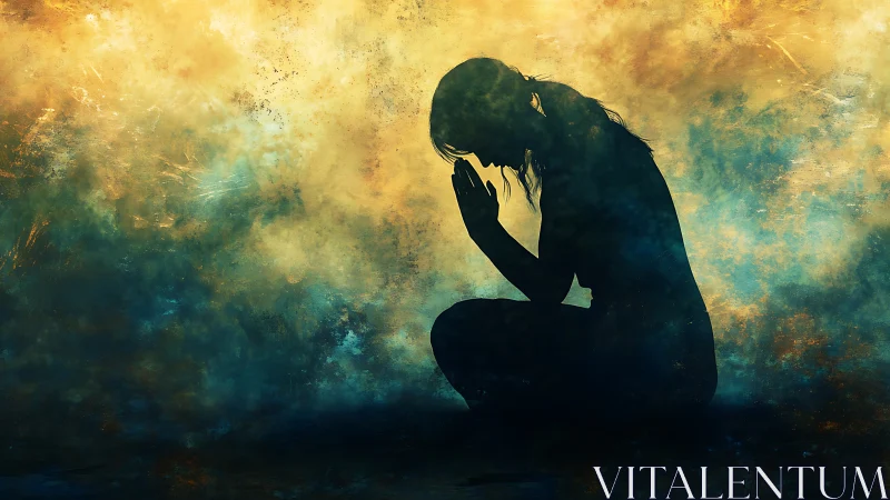 Quiet kneeling silhouette wrapped in soft golden stillness.