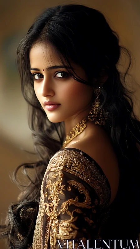 Golden embroidery and quiet grace in a dusky portrait.