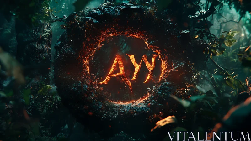 Fiery AWI emblem burns within mossy jungle ring.