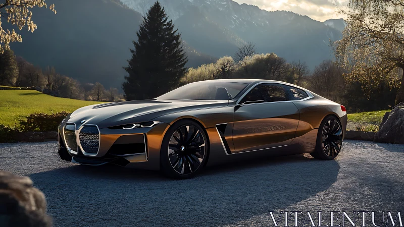 Sleek silver coupe relaxes in a calm mountain valley sunset