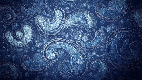 Intricate Blue Paisley Pattern with Swirling Artistic Design.