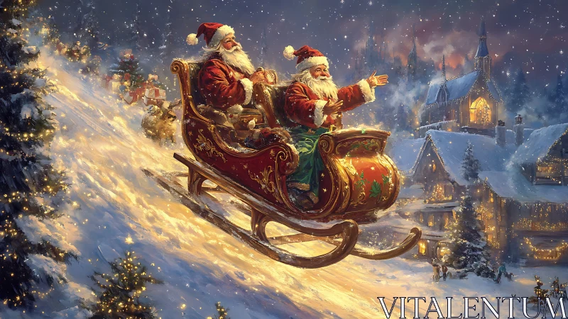 Digital painting of Santa sleigh descent in luminous snowfall.