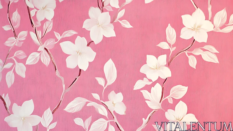 Blush-pink wall blooming with drifting white florals.