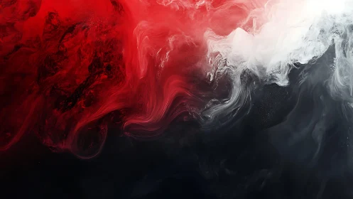 Abstract Red, White, and Black Smoke Art with Fluid Motion.