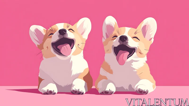 Playful corgi puppies in minimalist pink vector art.