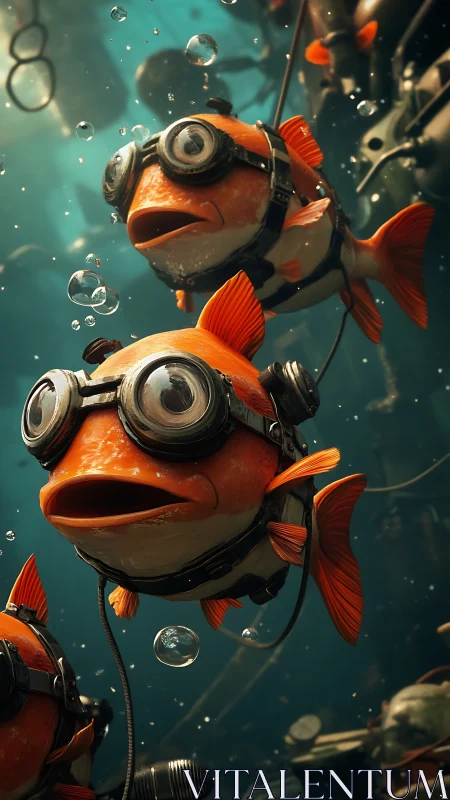 Orange fish with steampunk goggles swim through cluttered water
