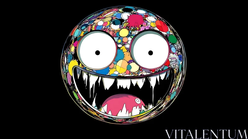 Wild multicolored monster face erupts from stark black void