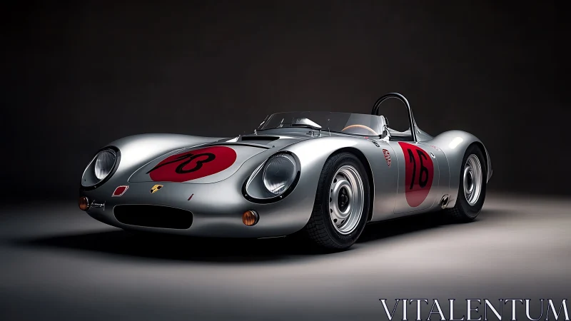 Silver vintage racer crouches low beneath studio storms of light