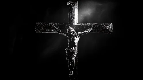High-contrast crucifix study isolates form with stark chiaroscuro