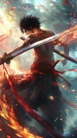 Volcanic swordsman in turbulent chromatic energy vortex.