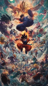 Explosive anime warriors clash amid swirling cosmic storm