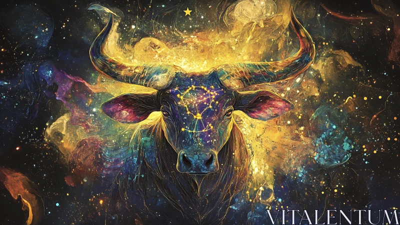 Cosmic bull portrait with glowing nebula background.