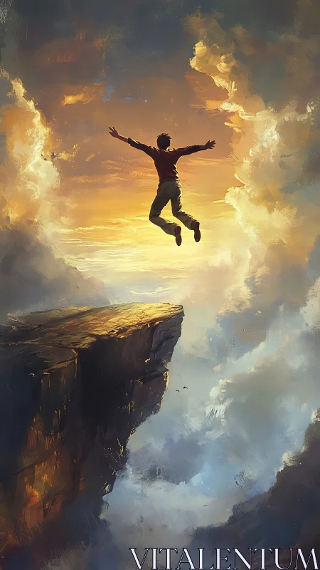 Midair dreamer abandons the cliff and sprints into sunrise