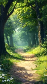 Sunlit Forest Path Through Ancient Trees.