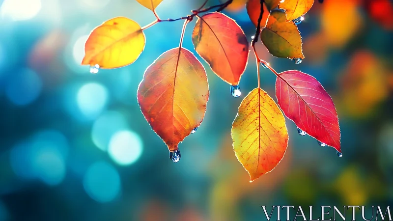 Rainkissed autumn leaves glowing against dreamy bokeh sky.