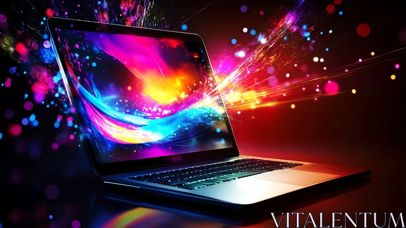 High-saturation laptop render with dynamic particle light trails