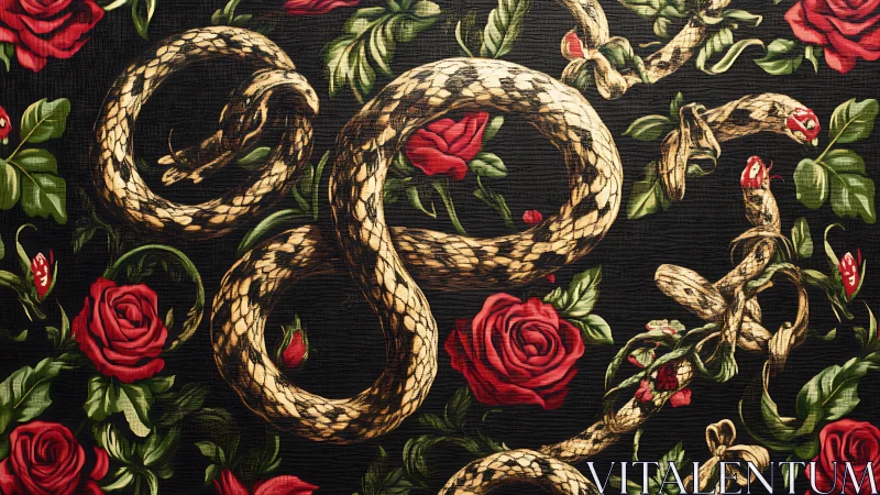 Coiled snakes interwoven with red roses on dark ground.
