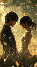 Side view of couple standing closely in backlit meadow scene.