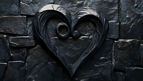 Ornamental Heart Relief on Dark Stone Wall.