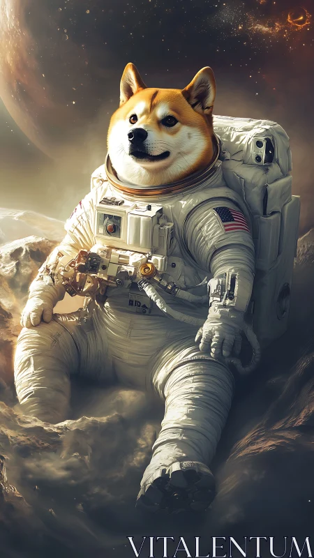Dog-headed astronaut rests on dusty alien moon surface