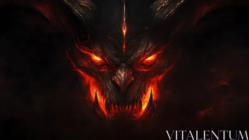 Demonic horned skull burns with molten eyes in dark void