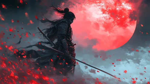 Lone samurai beneath blazing crimson moon in stormy sky.
