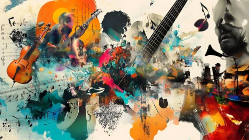 Synesthetic jazz collage with fragmented instrumental vectors.