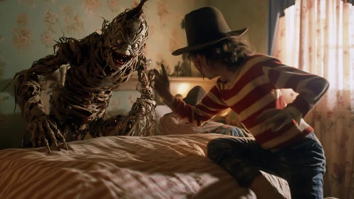 Grotesque bedroom monster confronting striped child figure
