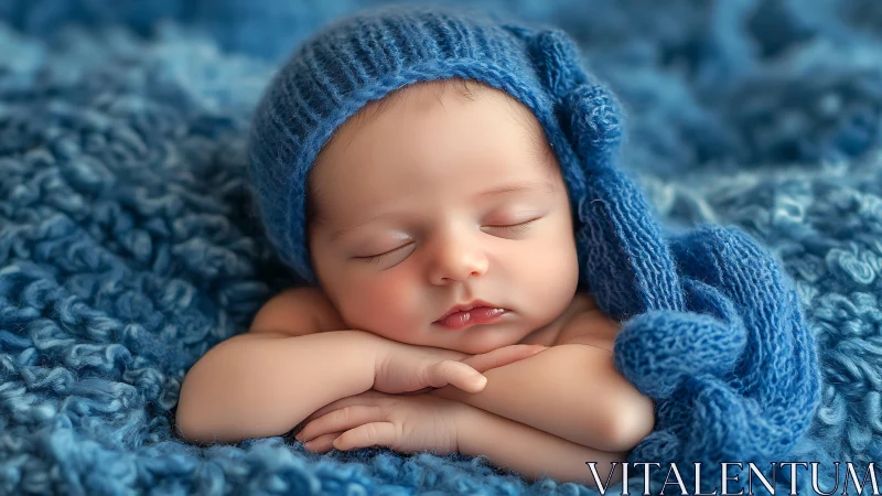 Sleeping Newborn in Blue Knit Bonnet and Textured Wrapping.