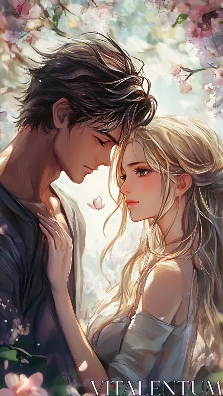 Digital Portrait Study: Two Figures in Close Proximity with Floral Environment and Romantic Atmosphe