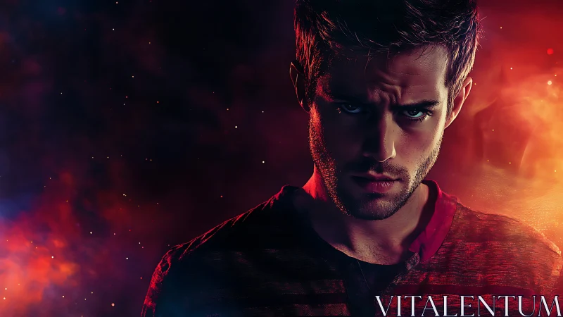 Brooding starlit stranger framed in ember-red cosmic haze.