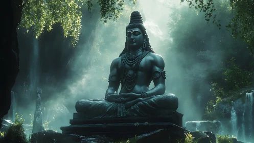 Shiva statue in misty forest sanctuary with waterfalls.