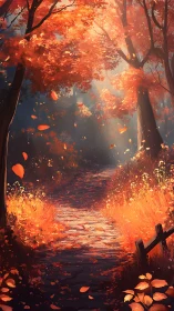 Luminous Autumnal Forest Pathway with Incandescent Foliage Emissions.