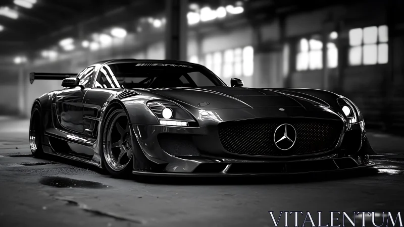 Monochrome Mercedes race coupé rendered with dramatic studio contrast